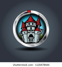 Medieval cartoon Castle, steely rounded badge icon. For Ui/Game.