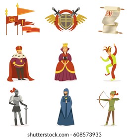 Caracteres De Caricatura Medieval Y Atributos Históricos De Periodo De La Edad Media Europea Colección De Iconos