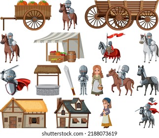 Mittelalterliche Zeichentrickfiguren und -objekte - Illustration