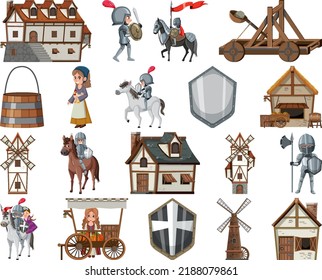 Medieval cartoon characters and objects illustration