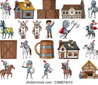 Medieval cartoon characters and objects illustration