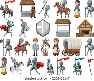 Medieval cartoon characters and objects illustration