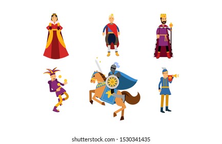 Medieval Cartoon Characters Of A Queen, A King, A Prince, A Jester, A Knight On Horseback And A Herald In Vector Illustration Set