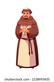 Medieval cartoon composition with isolated human character of priest wearing robe with christian cross vector illustration