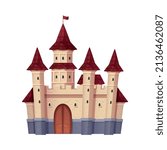 Medieval cartoon composition with isolated image of castle building with gate and towers on blank background vector illustration