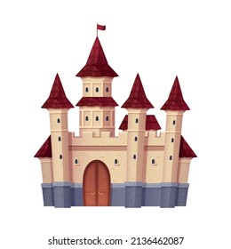 Medieval cartoon composition with isolated image of castle building with gate and towers on blank background vector illustration