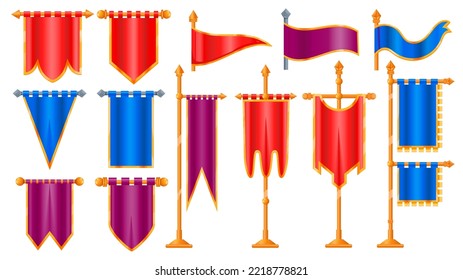 Medieval cartoon flags. Old victorian cloth for UI game design assets, classical flagstaff pennant flagpole icons video gaming concept. Vector isolated set. Blank colorful royal flags