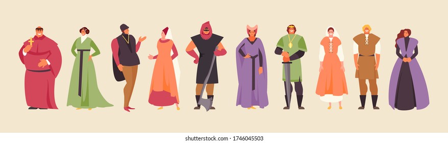 Medieval cartoon people in historical costumes. Royal characters vector set
