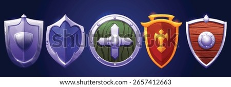 Medieval cartoon shield set for game ui - metal armor, round green cross emblem, golden royal symbol, wooden viking defense. Fantasy knight equipment assets for rpg adventure interface design.