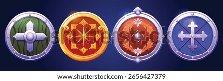 Medieval cartoon shield set for games - green wooden with cross, golden disc with star pattern, bronze with floral wreath, blue metal with holy symbol. Knight equipment rpg ui assets collection.