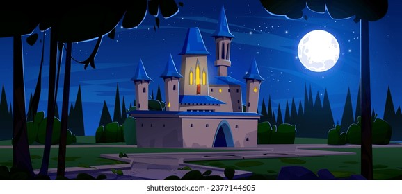 Medieval castle against night forest landscape. Vector cartoon illustration of fairytale kingdom, old royal palace with yellow light in windows on stone tower, moon glowing, stars shimmering in sky