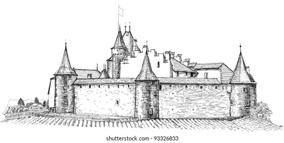 Medieval castle Aigle in Switzerland. Vector drawing