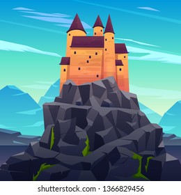 Medieval castle, ancient citadel or impregnable fortress with stone towers on rocky peak cartoon vector. Fairytale king palace, royal stronghold, dracula shelter high in mountains illustration