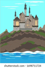 Medieval castle, ancient citadel or impregnable fortress with stone towers on rocky peak. Cartoon vector. Fairytale king palace, royal stronghold, shelter high in mountains.