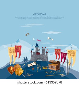 Medieval castle. Medieval background, knights, ancient weapons, chest with treasures 