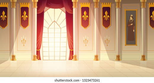 Salón medieval del castillo, histórico museo de fondo de caricatura vectorial. Suelo de baldosas brillante, cortinas rojas en una gran ventana, columnas altas, banderas con emblema heráldico y tapicería en las paredes ilustración