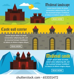 Medieval castle banner horizontal concept set. Flat illustration of 3 medieval castle vector banner horizontal concepts for web