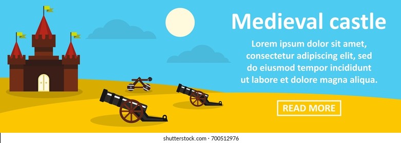 Medieval castle banner horizontal concept. Flat illustration of medieval castle banner horizontal vector concept for web