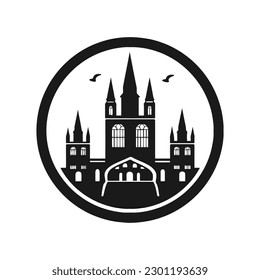 Medieval castle black silhouette vector icon. Fantasy emblem in circle.