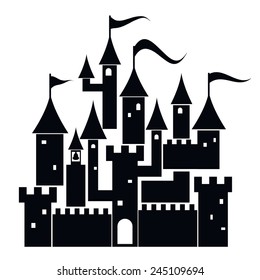 Medieval castle in black and white colors on white isolated background. Vector illustration