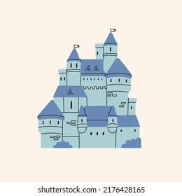 Medieval Castle. Blue roof, blue walls. Royal kingdom towers, fortified palace. Old towers, fortress or fairy-tale stone castle. Cartoon style. Hand drawn colored trendy Vector illustration