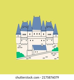 Medieval Castle. Blue roof, white walls. Royal kingdom towers, fortified palace. Old towers, fortress or fairy-tale stone castle. Cartoon style. Hand drawn colored trendy Vector illustration