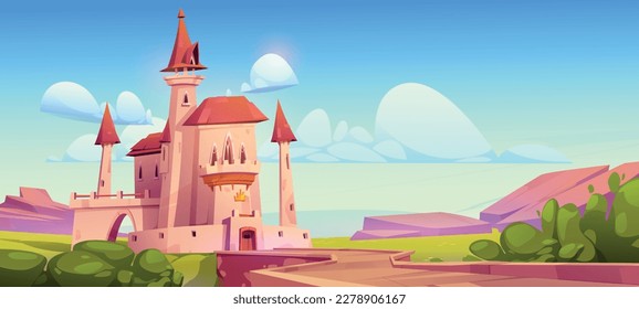 Castillo medieval con puente. Dibujo vectorial del antiguo palacio real de fantasía con ventanas góticas, puerta de madera, techo rojo, cielo azul con nubes blancas. reino de cuento de hadas. Fondo del juego