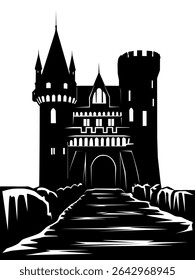 Medieval Castle and Bridge. Vector illustration in black and white colors. For your designs in old medieval architectural style