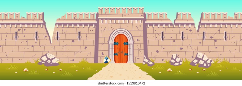Medieval castle broken, ruined stone walls. Citadel after enemies attack or siege during war. Strong defence concept. Ancient fortress ruins with holes in wall, closed gate cartoon vector illustration
