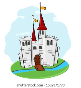 Medieval castle. Cartoon colored doodle. Vector illustration
