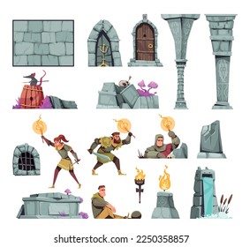 Medieval castle cartoon icons set with people with torches in dungeons isolated vector illustration