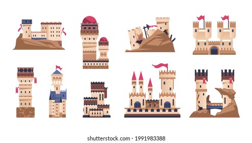 Medieval castle. Cartoon old fort or kings palace. Historic building with towers and flags. Ancient bastion and citadel. Ruins of stronghold on cliff. Vector fortified constructions set svg