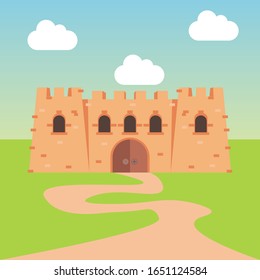 Medieval castle with clouds. Tower building, architecture ancient history. Flat vector illustration
