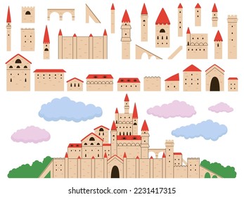 Medieval castle constructor. Castles roof tower, roman monument. Ancient bastion or fortress exterior elements. Decent history architecture vector set