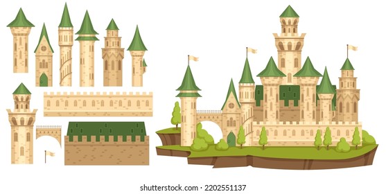 Medieval castle constructor. Old bastion, cartoon ancient tower creator and palace walls elements vector set of castle historical building tower illustration