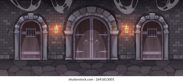 Medieval castle corridor. Ancient dungeon with stone arches and heavy wooden doors, fantasy gothic palace gates, game location, doorway with columns, cartoon flat tidy vector concept
