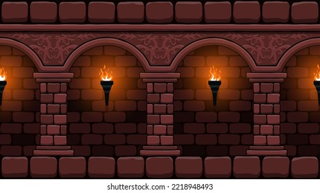 Medieval castle corridor with burning torches. 2d Game seamless background.