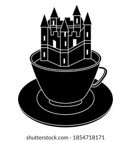 Medieval castle in a cup of coffee or tea. Black and white silhouette. Creative concept.
