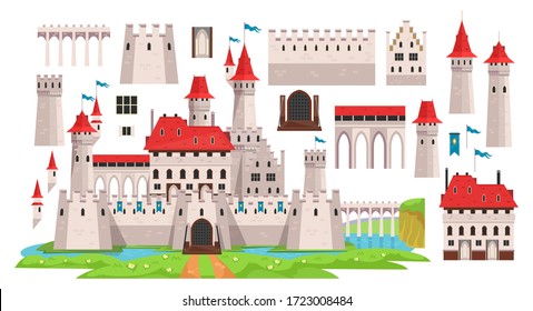 Medieval castle diy constructor for kids vector illustration. Ancient building with various details flat style. Architecture and history concept. Isolated on white background