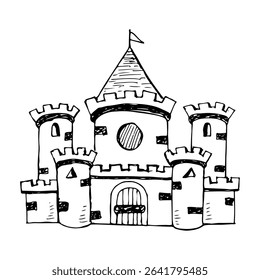 Medieval castle doodle cartoon hand-drawn, fantasy children's book element.