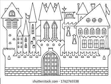 Medieval castle in doodle style. Coloring for children.