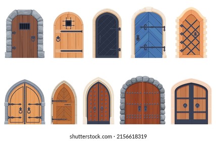 Medieval castle, door with wrought iron elements. Wooden doors, gates. Vector illustration