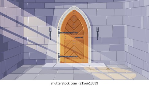 Medieval castle, door with wrought iron elements. Wooden doors, gates. Vector illustration