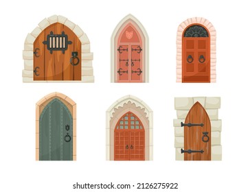 Medieval castle doors cartoon illustration set. Heavy old wooden gates to dungeon or portal in stone arch, entrance to ancient tower or fortress. Building facade, fantasy concept