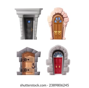 Medieval castle doors set. Ancient game front portals, entries, dungeon, gateway. Vintage entrances from wood, stone and metal hafts. Cartoon vector illustration isolated on white