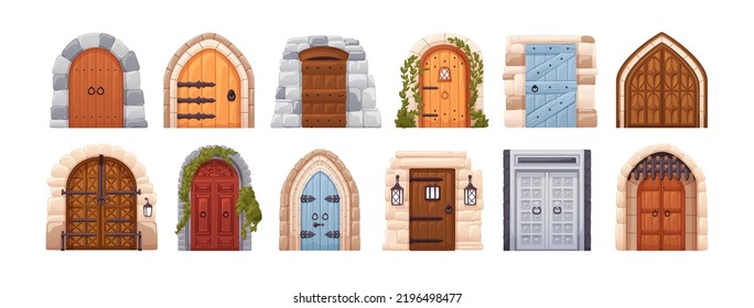 Medieval castle doors set. Old vintage entrances from wood, metal. Ancient front portals, entries, doorways to palace, dungeon. Flat graphic cartoon vector illustration isolated on white background