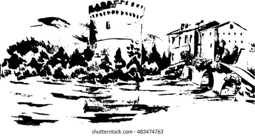 Medieval Castle Drawing Sketch Vector