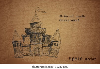 Medieval castle drawn on an ancient parchment. EPS10 realistic vector.