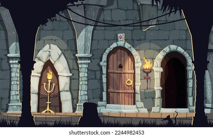 Medieval castle dungeon cartoon composition with stone and wood interiors vector illustration