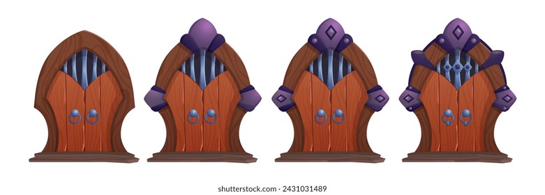 Medieval castle or dungeon double wooden door in form of arch with different stages of decoration, iron handle and grating for game ui level rank concept. Cartoon vector set of wood ancient gate.